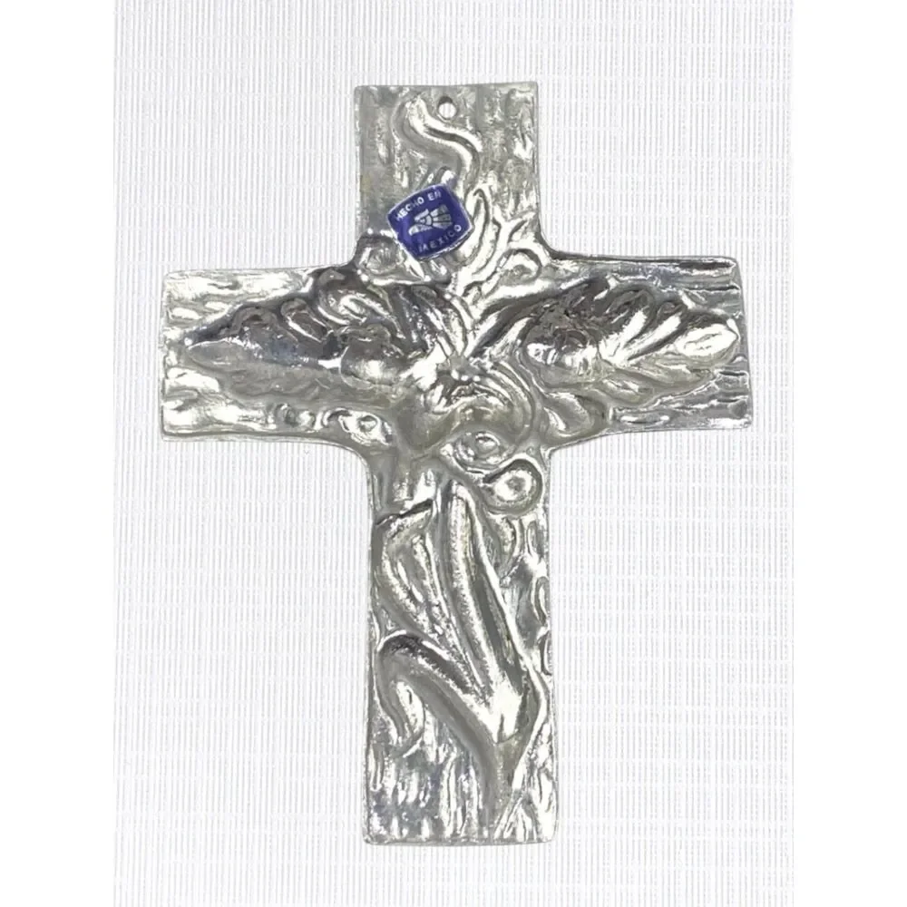 VTG Metal Cross Wall Hanging Silver Tone Christian Decor Art 3D Mexico Ornament
